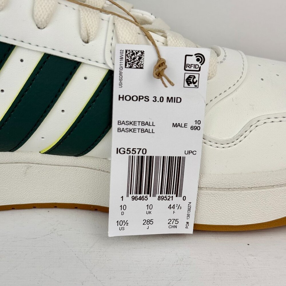 Size 10.5 - Men's Adidas Hoops 3.0 Mid Athletic Sneaker - White/Green - Picture 4 of 9